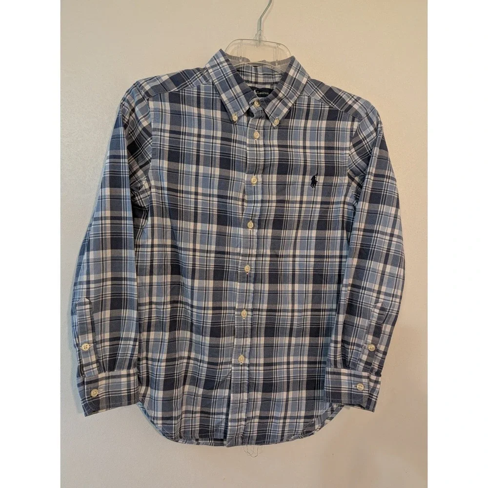 Ralph Lauren Boys Blue‎ White Plaid Button Down Shirt M 10-12 323138122
